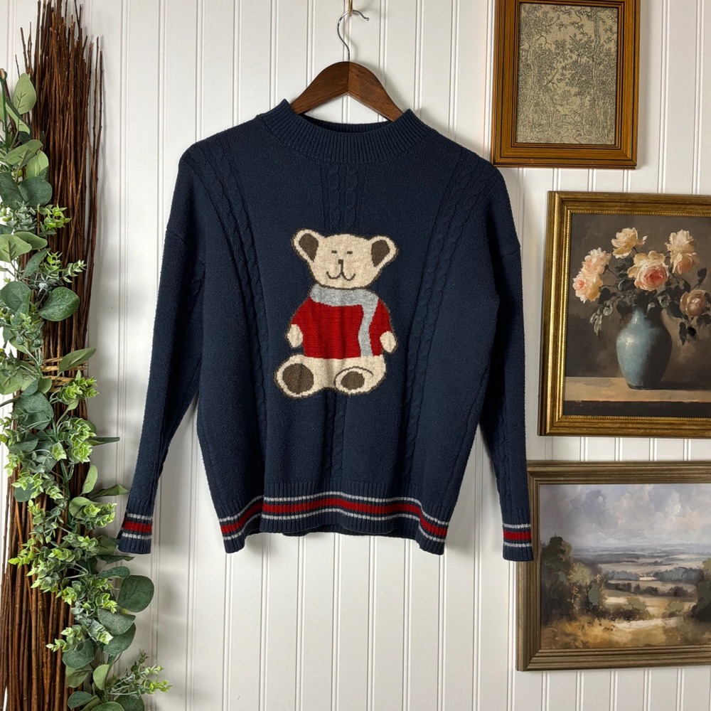 Unbranded Teddy Bear Intarsia Knit Sweater Navy Blue Excellent Striped Trim